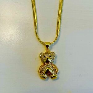 Teddy Bear Necklace CZ Bear on 14K Plated Snake Chain 20in NWT in Box